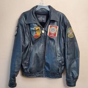 Vintage Oscar Piel Leather Bomber US‎ Navy jacket with patches
